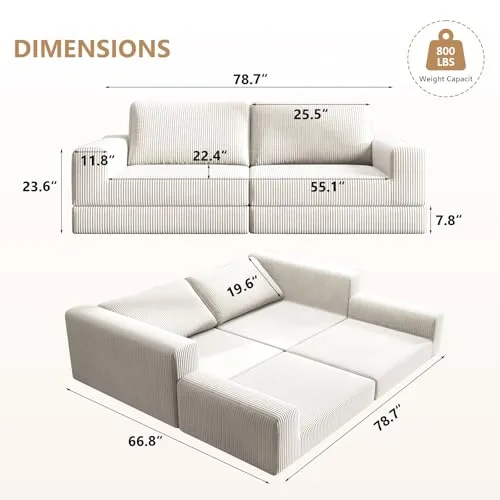 Canapé-lit convertible, modulaire moderne, siège profond, design pliable pour salon et chambre à coucher, pas de montage nécessaire, tissu en velours côtelé