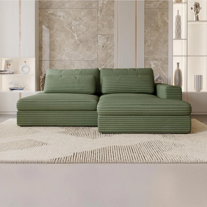Mobilier-Deco Ayda - Canapé d'angle Convertible avec Coffre en Velours Gros côtelé Vert - Angle Droit