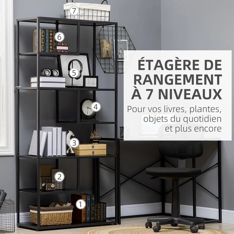 HOMCOM Bibliothèque étagère de Rangement à 7 Niveaux Cadre en Acier Style Industriel pour Salon Chambre Cuisine - 83 x 34 x 180 cm