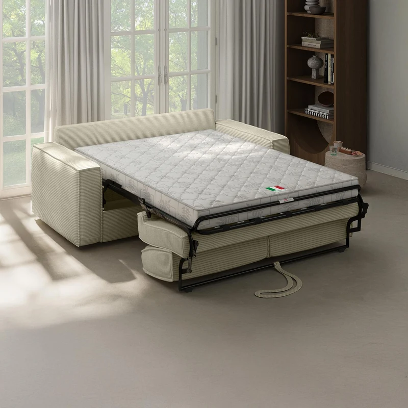 Mobilier-Deco Mindy - Canapé 3 Places Convertible rapido Velours côtelé Beige Matelas 14 cm