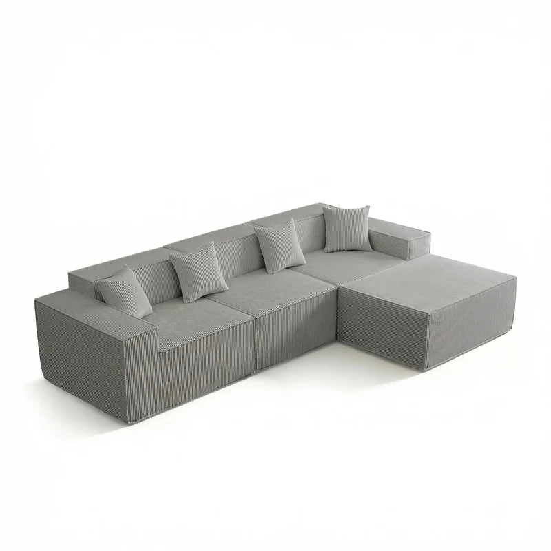 Yeecle Canapé d'angle modulaire 3 places avec ottoman, aspect velours côtelé beige, mousse haute densité, 277 x 165,5 cm, emballé sous vide, pas de montage (gris)