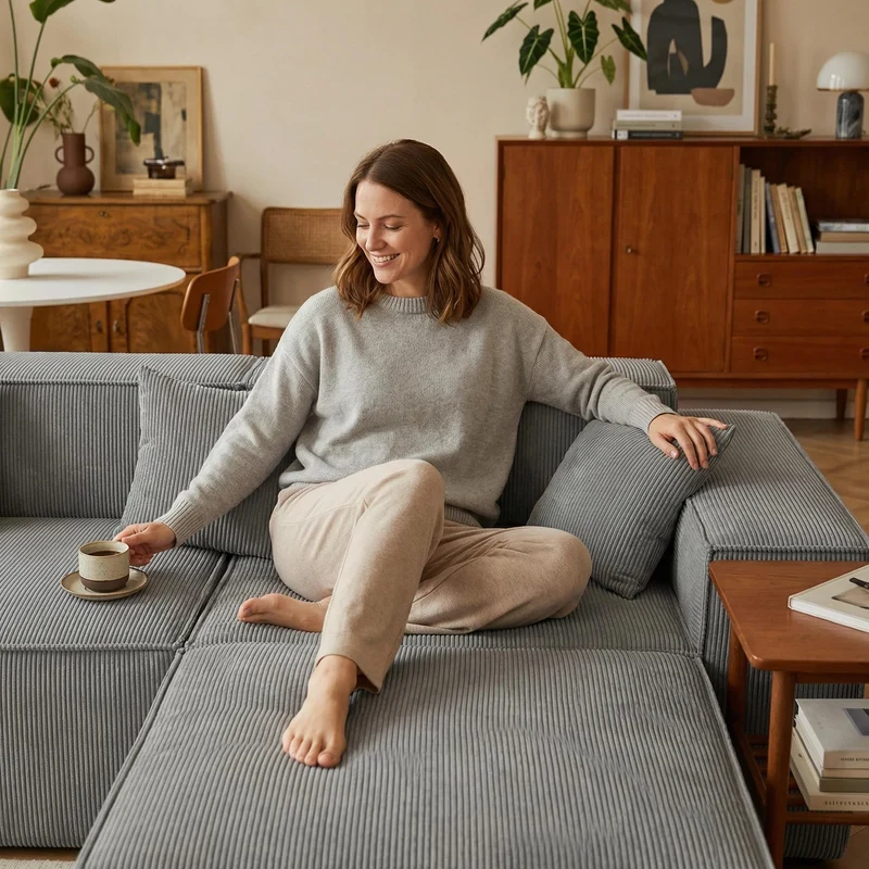 Yeecle Canapé d'angle modulaire 3 places avec ottoman, aspect velours côtelé beige, mousse haute densité, 277 x 165,5 cm, emballé sous vide, pas de montage (gris)