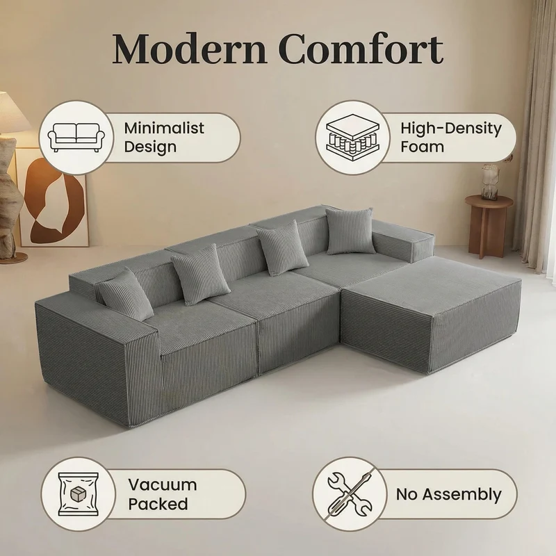 Yeecle Canapé d'angle modulaire 3 places avec ottoman, aspect velours côtelé beige, mousse haute densité, 277 x 165,5 cm, emballé sous vide, pas de montage (gris)
