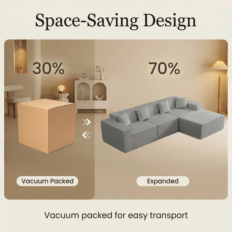 Yeecle Canapé d'angle modulaire 3 places avec ottoman, aspect velours côtelé beige, mousse haute densité, 277 x 165,5 cm, emballé sous vide, pas de montage (gris)