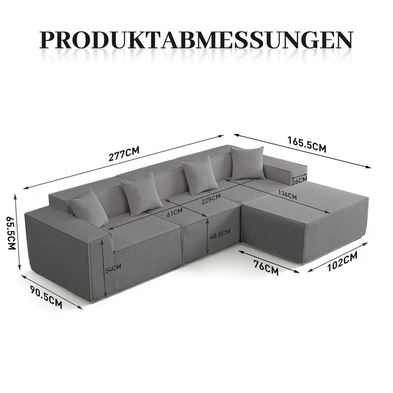 Yeecle Canapé d'angle modulaire 3 places avec ottoman, aspect velours côtelé beige, mousse haute densité, 277 x 165,5 cm, emballé sous vide, pas de montage (gris)