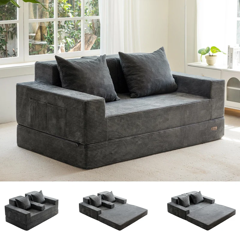 MAXYOYO Canapé-Lit Pliant, Méridienne en Velours Côtelé, Sofa Convertible avec Porte-Gobelet et Coussin, Canapé-Lit de Compression pour Salon, Chambre ou Chambre d'amis