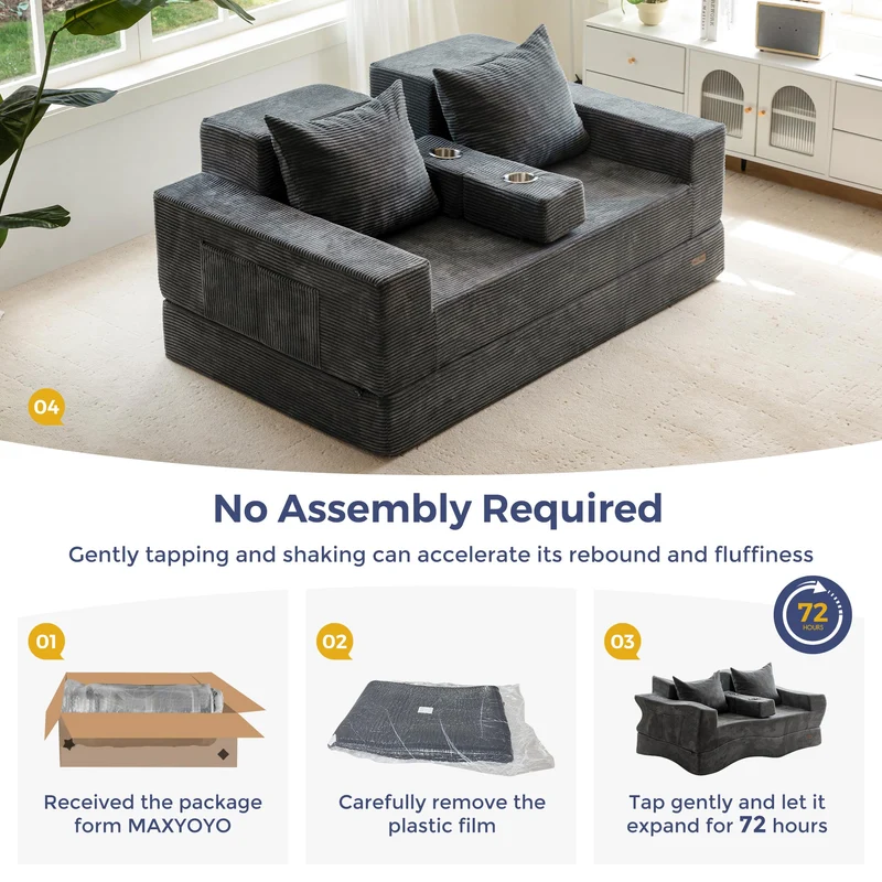 MAXYOYO Canapé-Lit Pliant, Méridienne en Velours Côtelé, Sofa Convertible avec Porte-Gobelet et Coussin, Canapé-Lit de Compression pour Salon, Chambre ou Chambre d'amis