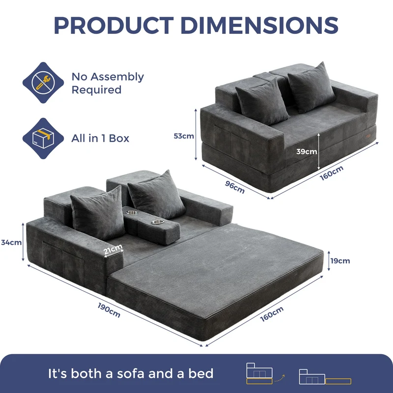 MAXYOYO Canapé-Lit Pliant, Méridienne en Velours Côtelé, Sofa Convertible avec Porte-Gobelet et Coussin, Canapé-Lit de Compression pour Salon, Chambre ou Chambre d'amis