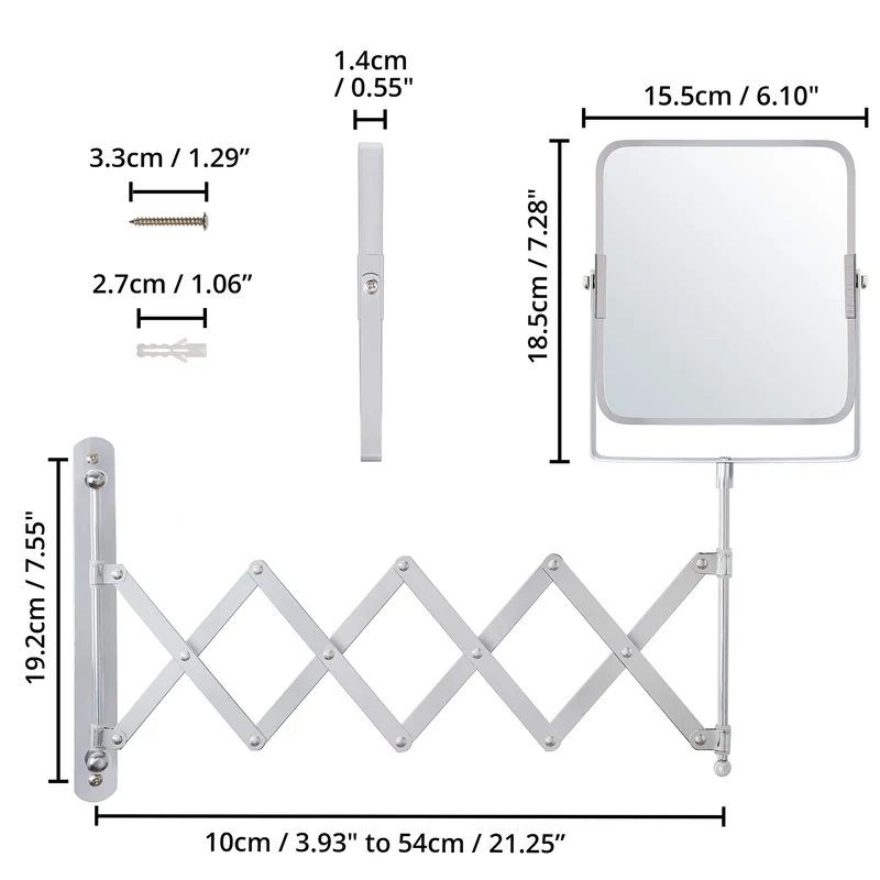 Belle VOIR miroir mural chromé pivotant 360° extensible x3 - 15,5 x 18,5 cm - Miroir de salle de bain rotatif double face acier inoxydable
