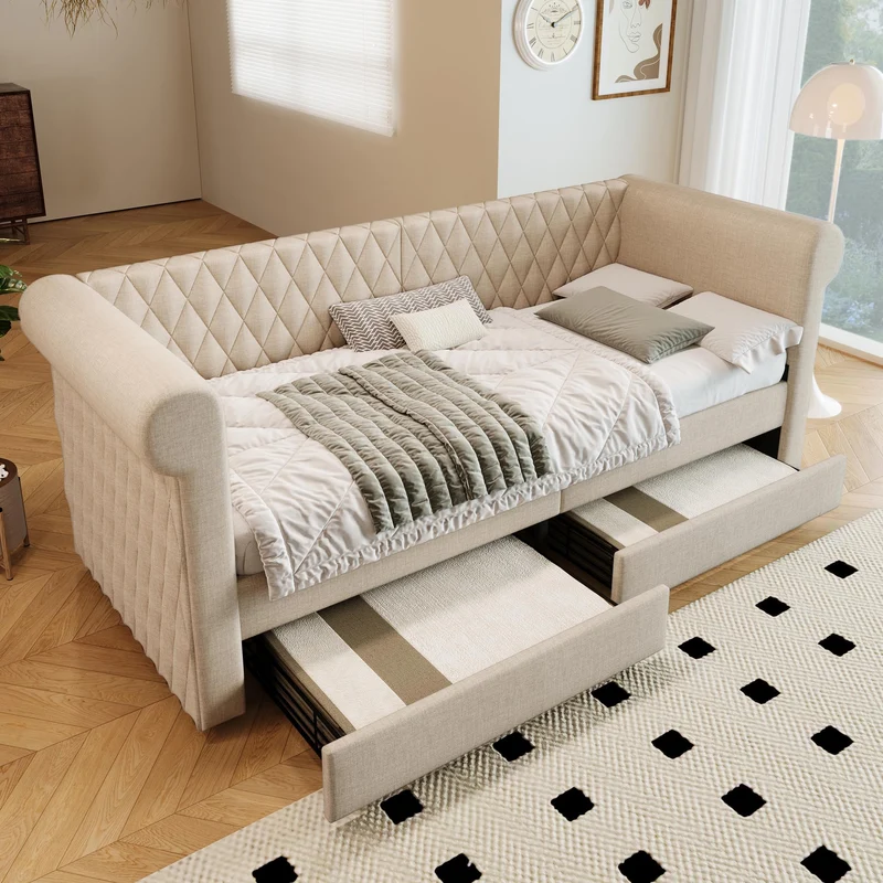 YESGIGA Tête de lit vintage capitonnée 90 x 200 cm, canapé-lit, lit de jour avec 2 tiroirs de rangement, lit pour enfant, adolescent avec sommier à lattes en bois (beige)