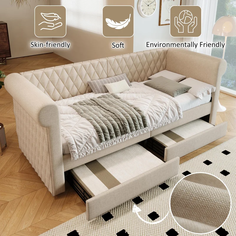 YESGIGA Tête de lit vintage capitonnée 90 x 200 cm, canapé-lit, lit de jour avec 2 tiroirs de rangement, lit pour enfant, adolescent avec sommier à lattes en bois (beige)