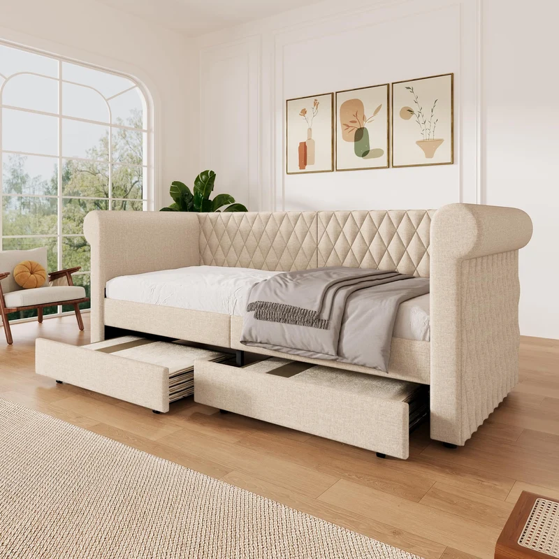 YESGIGA Tête de lit vintage capitonnée 90 x 200 cm, canapé-lit, lit de jour avec 2 tiroirs de rangement, lit pour enfant, adolescent avec sommier à lattes en bois (beige)