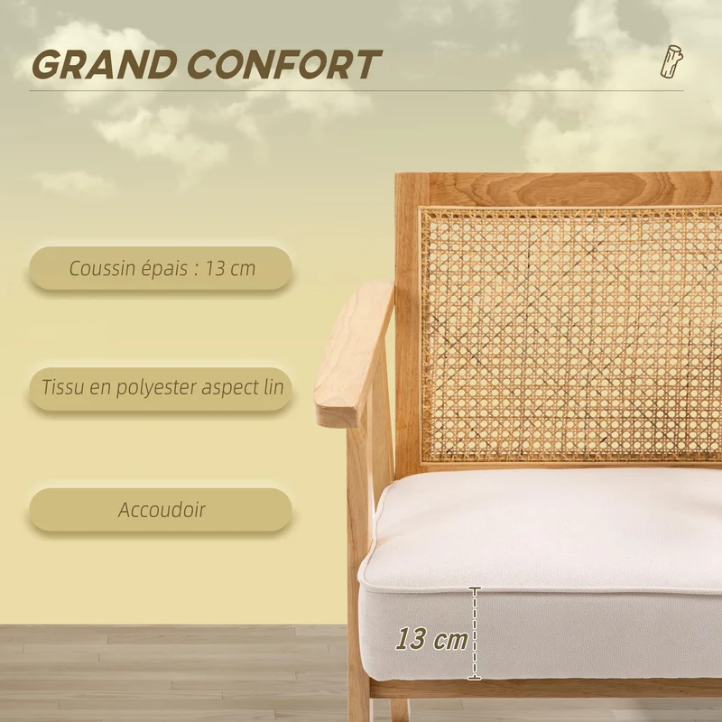 ATOMSTACK MAKER HOMELEN Fauteuil de Salon en rotin Naturel – Chaise Confortable avec Coussin épais, Dossier en cannage, Assise Profonde, Structure en Bois d’hévéa Aspect Lin Beige