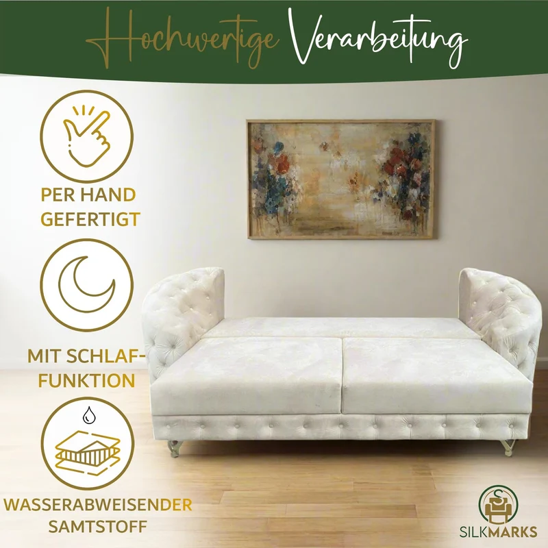 SILKMARKS® Chesterfield Canapé avec fonction couchage, canapé 3 places, confort premium, velours imperméable et résistant aux rayures, canapé avec espace de rangement supplémentaire, design élégant