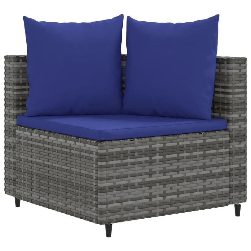 Homgoday Mobilier de balcon 3 pièces avec coussins, salon de jardin, canapé d'angle, canapé central, ensemble de sièges, pour balcon, terrasse, gris et bleu en rotin synthétique