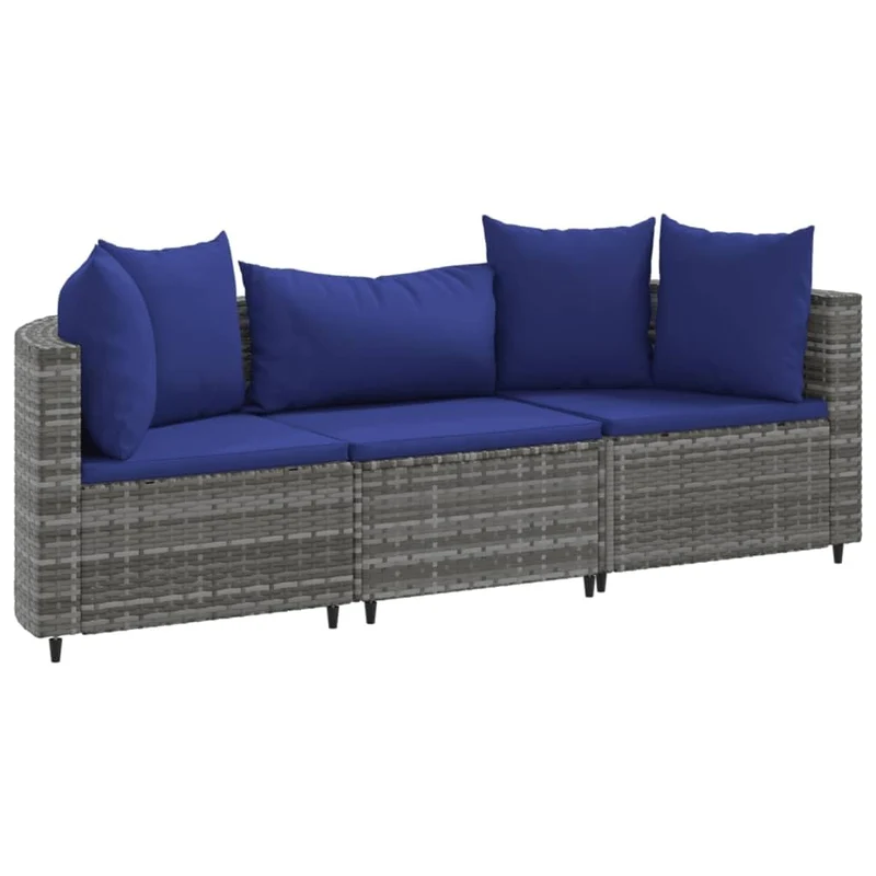Homgoday Mobilier de balcon 3 pièces avec coussins, salon de jardin, canapé d'angle, canapé central, ensemble de sièges, pour balcon, terrasse, gris et bleu en rotin synthétique