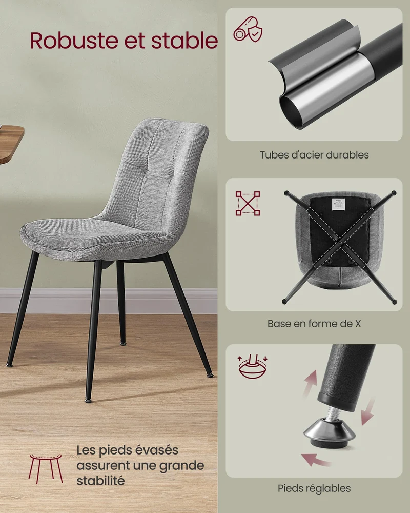 VASAGLE Lot de 2 Chaises Salle à Manger, Chaise de Cuisine Rembourrée, Chenille, Jusqu’à 120 kg, Double Coussin, Pieds en Métal, Moderne, pour Salle à Manger, Cuisine, Gris Tourterelle KDC151G01
