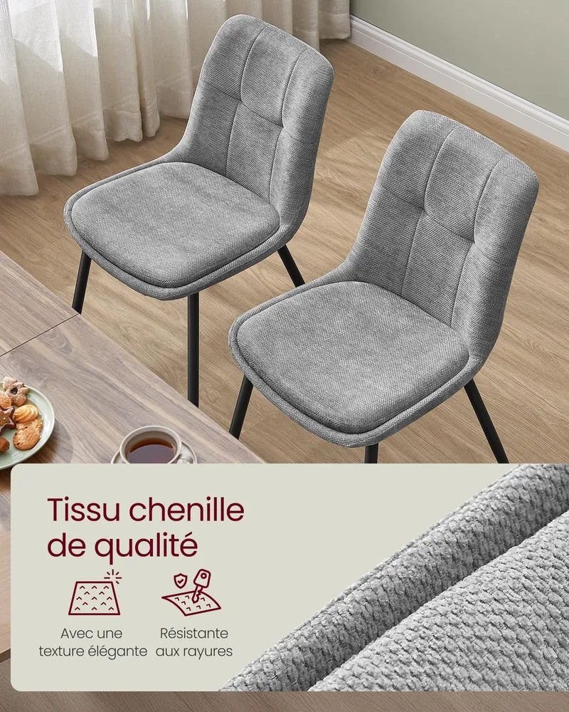 VASAGLE Lot de 2 Chaises Salle à Manger, Chaise de Cuisine Rembourrée, Chenille, Jusqu’à 120 kg, Double Coussin, Pieds en Métal, Moderne, pour Salle à Manger, Cuisine, Gris Tourterelle KDC151G01