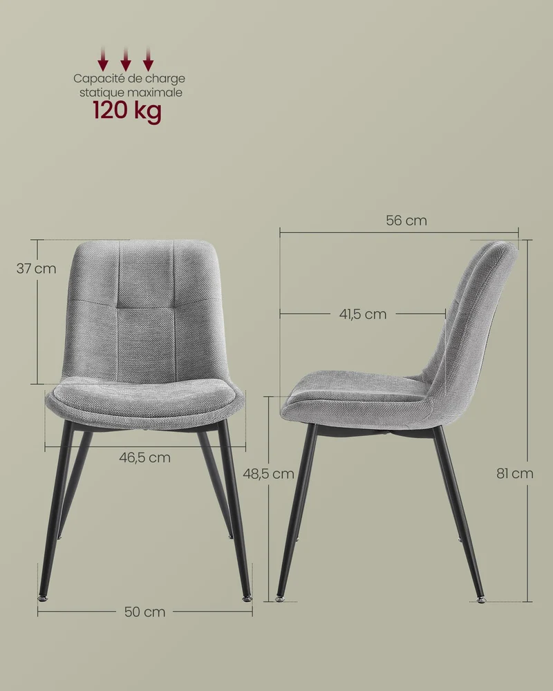 VASAGLE Lot de 2 Chaises Salle à Manger, Chaise de Cuisine Rembourrée, Chenille, Jusqu’à 120 kg, Double Coussin, Pieds en Métal, Moderne, pour Salle à Manger, Cuisine, Gris Tourterelle KDC151G01