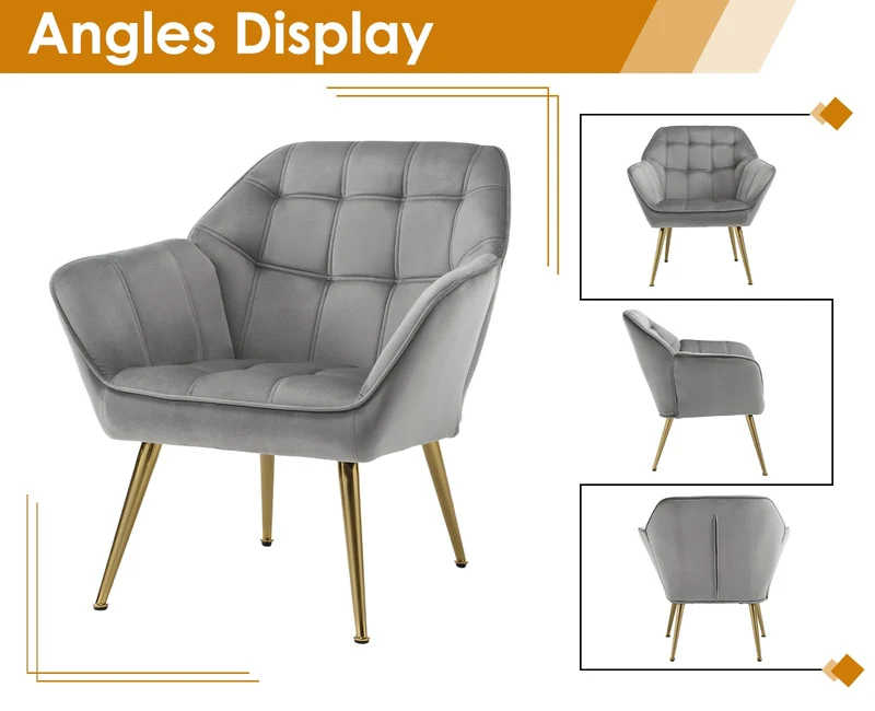 chairus Fauteuil Scandinave de Salon avec Pieds en Métal Modern Chaise de Chambre Capitonné en Velours (Gris-1)