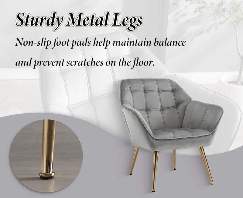 chairus Fauteuil Scandinave de Salon avec Pieds en Métal Modern Chaise de Chambre Capitonné en Velours (Gris-1)