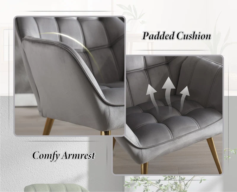 chairus Fauteuil Scandinave de Salon avec Pieds en Métal Modern Chaise de Chambre Capitonné en Velours (Gris-1)