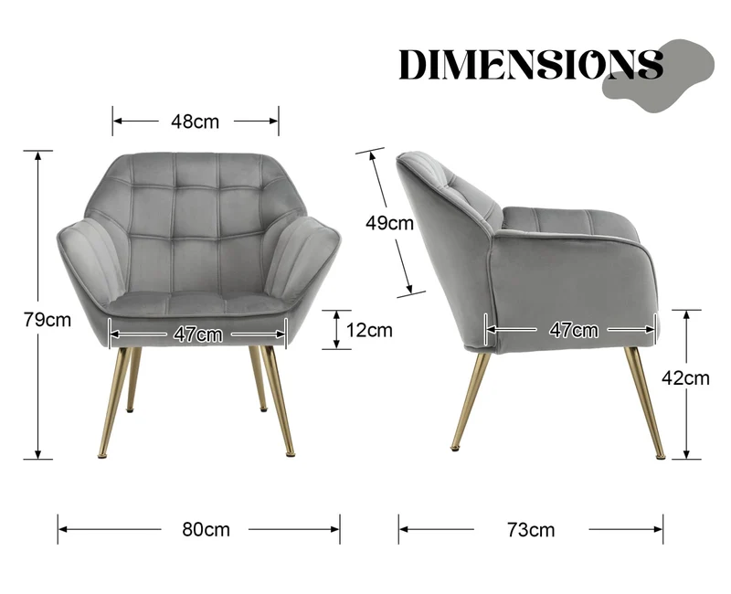 chairus Fauteuil Scandinave de Salon avec Pieds en Métal Modern Chaise de Chambre Capitonné en Velours (Gris-1)