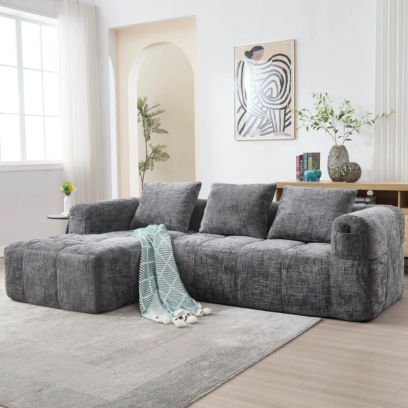 Yihomfy 250cm Canapé d'angle Convertible,Canapé-lit d'angle modulable en Forme de L,Canape Compressé,Canapé 3 Places Modulable avec Coussins, Poche Latérale,Canapé 2 Places + Coin Méridienne,Gris