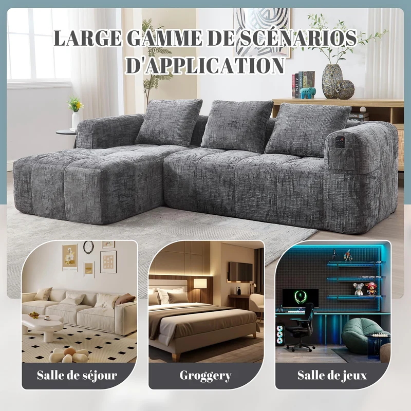 Yihomfy 250cm Canapé d'angle Convertible,Canapé-lit d'angle modulable en Forme de L,Canape Compressé,Canapé 3 Places Modulable avec Coussins, Poche Latérale,Canapé 2 Places + Coin Méridienne,Gris