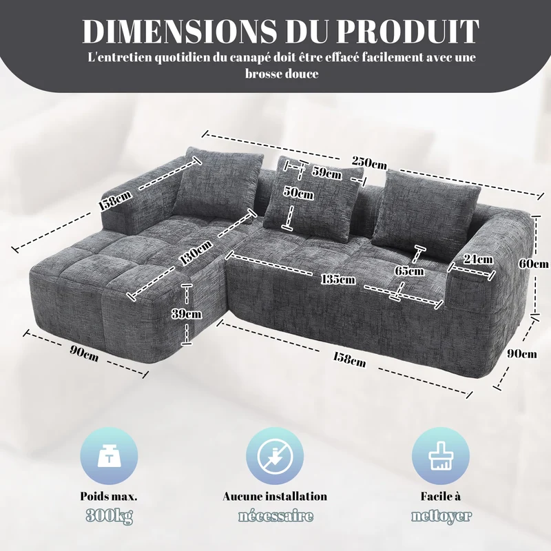 Yihomfy 250cm Canapé d'angle Convertible,Canapé-lit d'angle modulable en Forme de L,Canape Compressé,Canapé 3 Places Modulable avec Coussins, Poche Latérale,Canapé 2 Places + Coin Méridienne,Gris