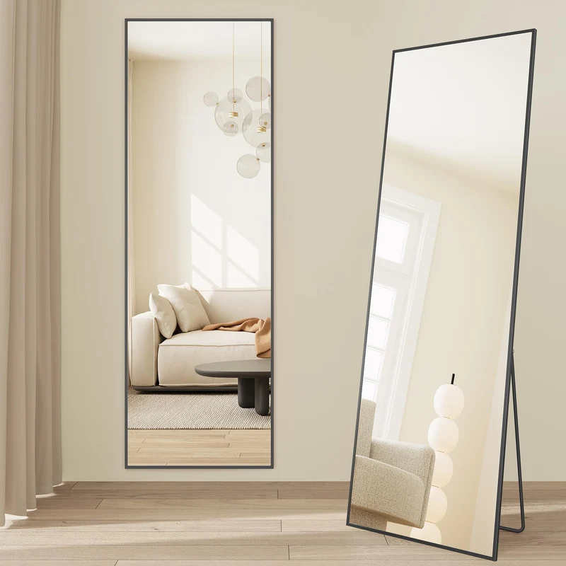 SONGMICS Miroir Intégral, Miroir Rectangulaire sur Pied, à Poser au Sol, Cadre en Alliage d’Aluminium, Verre Trempé, pour Chambre, Salon, Dressing, Coins Droits, 160 x 50 cm, Noir d'encre LFM050BD01