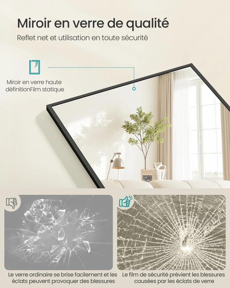 SONGMICS Miroir Intégral, Miroir Rectangulaire sur Pied, à Poser au Sol, Cadre en Alliage d’Aluminium, Verre Trempé, pour Chambre, Salon, Dressing, Coins Droits, 160 x 50 cm, Noir d'encre LFM050BD01