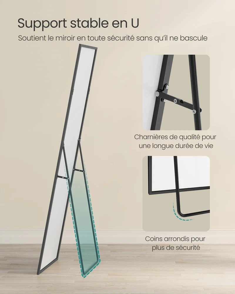 SONGMICS Miroir Intégral, Miroir Rectangulaire sur Pied, à Poser au Sol, Cadre en Alliage d’Aluminium, Verre Trempé, pour Chambre, Salon, Dressing, Coins Droits, 160 x 50 cm, Noir d'encre LFM050BD01