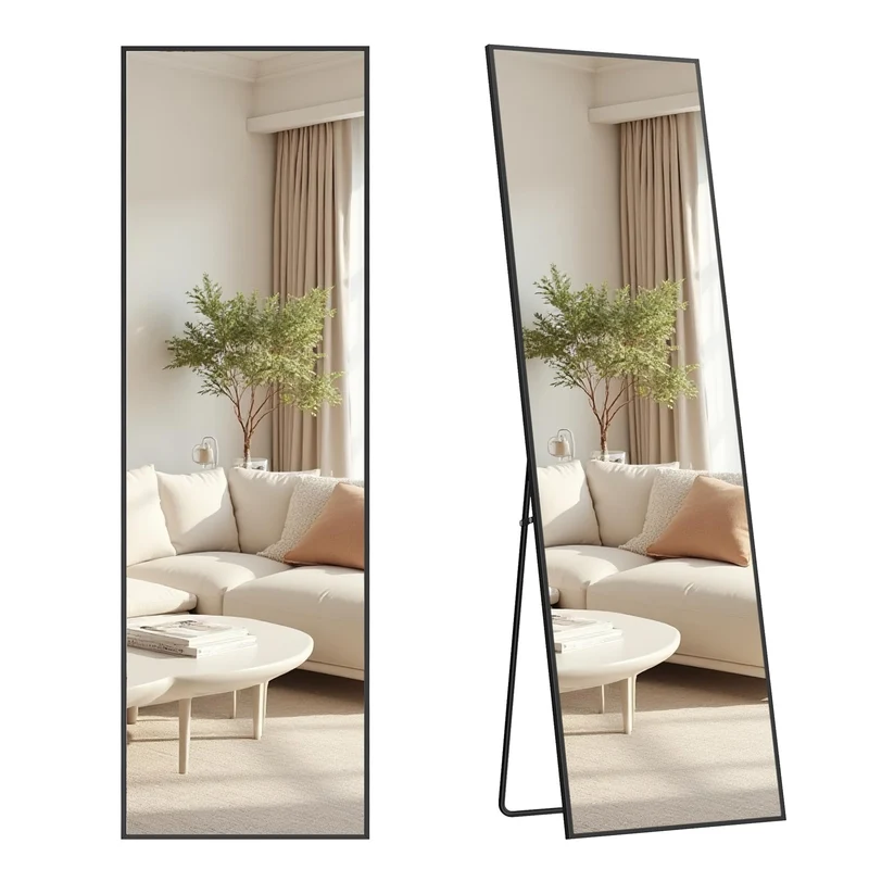 SONGMICS Miroir Intégral, Miroir Rectangulaire sur Pied, à Poser au Sol, Cadre en Alliage d’Aluminium, Verre Trempé, pour Chambre, Salon, Dressing, Coins Droits, 160 x 50 cm, Noir d'encre LFM050BD01