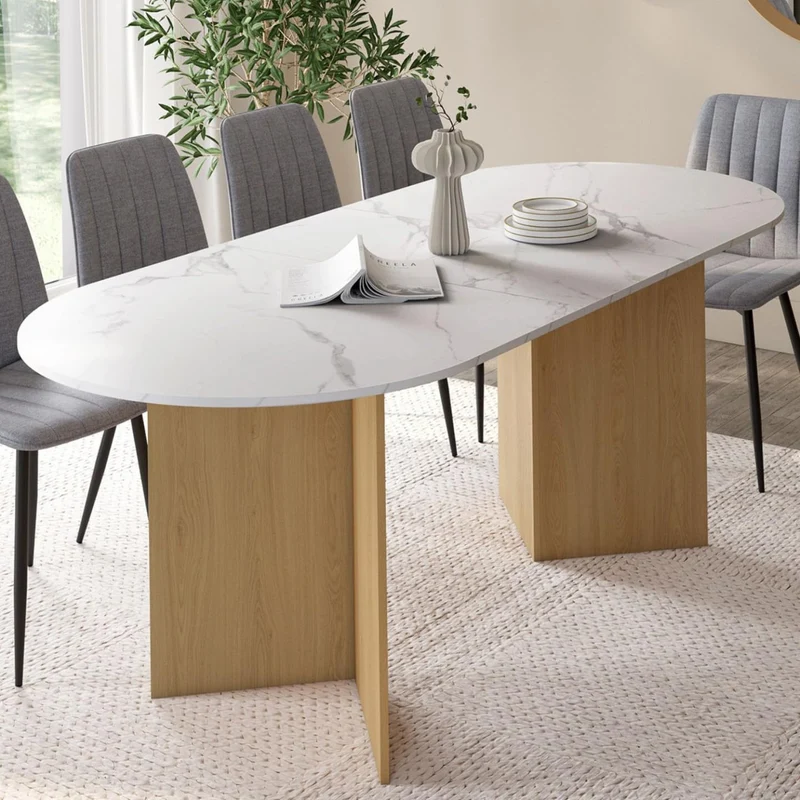 IDMarket - Table à Manger Extensible Ovale Marthe 6-10 Personnes Plateau marbre Blanc Alaska et Bois façon hêtre 160-200 cm