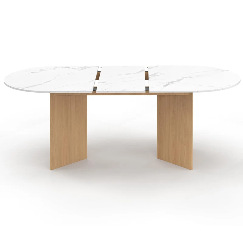 IDMarket - Table à Manger Extensible Ovale Marthe 6-10 Personnes Plateau marbre Blanc Alaska et Bois façon hêtre 160-200 cm