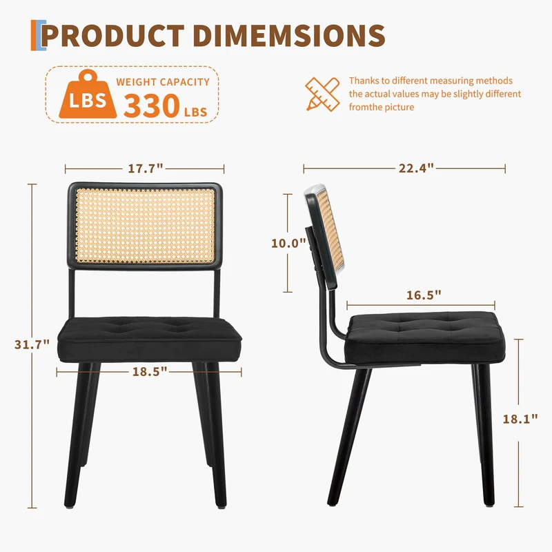 Lot de 2 Chaise Salle à Manger Art Deco,Chaise de cuisine avec velours Siège rembourrés,Pieds en bois,Dossier Rattan,Chaise à manger sans accoudoirs pour Salle à Manger,Cuisine,Salon(85x53x49cm,Noir)