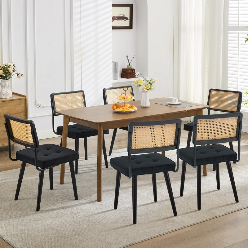 Lot de 2 Chaise Salle à Manger Art Deco,Chaise de cuisine avec velours Siège rembourrés,Pieds en bois,Dossier Rattan,Chaise à manger sans accoudoirs pour Salle à Manger,Cuisine,Salon(85x53x49cm,Noir)