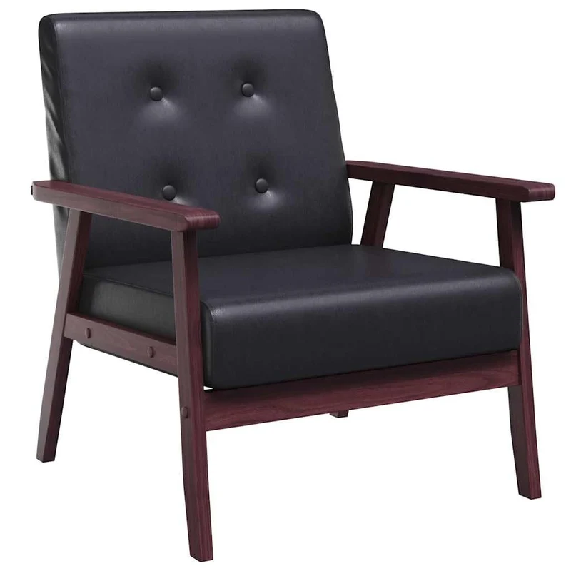 Keeushr Fauteuil rétro en cuir synthétique noir avec structure en bois robuste et rembourrage doux pour salon ou salle à manger, siège très stable