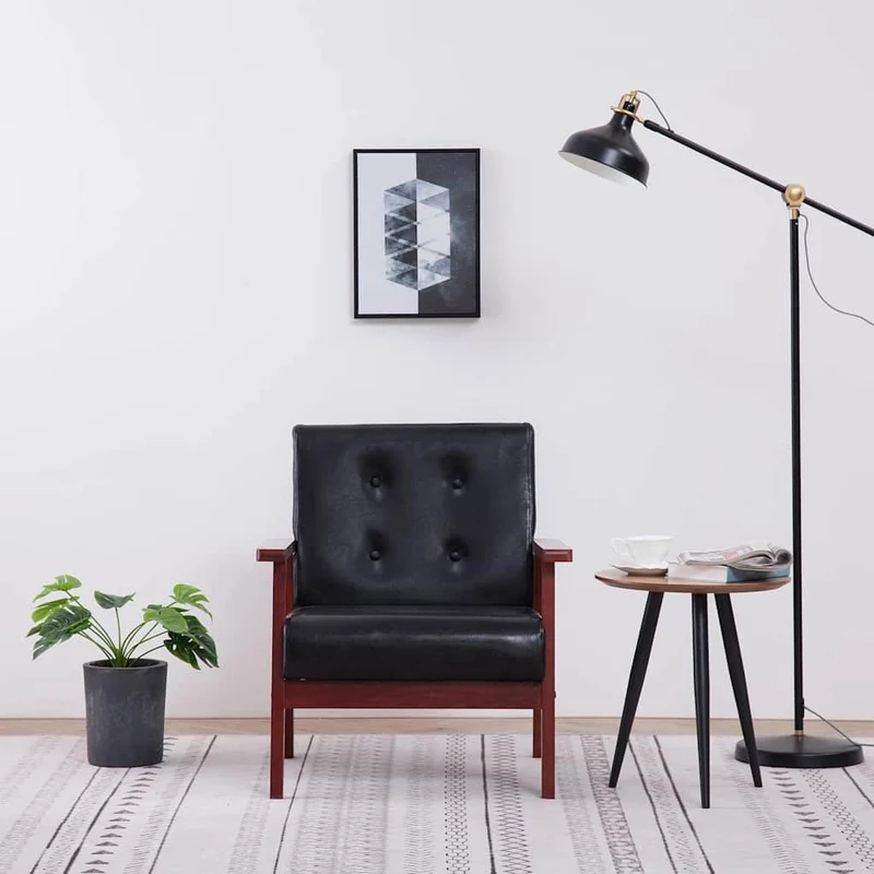 Keeushr Fauteuil rétro en cuir synthétique noir avec structure en bois robuste et rembourrage doux pour salon ou salle à manger, siège très stable
