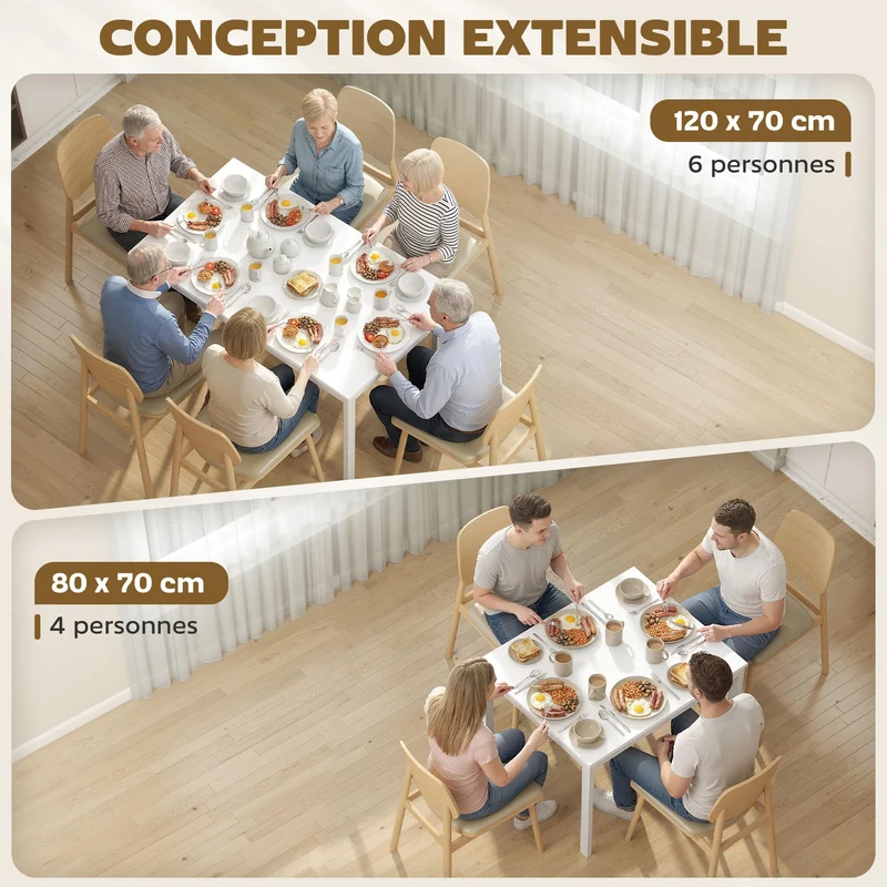 HOMCOM Table à Manger Extensible Rectangle pour 4 à 6 Personnes, Table de Cuisine 80-120 cm, Extension coulissante Facile, Pieds en Acier, pour Petits espaces, Salle à Manger, Salon, Blanc