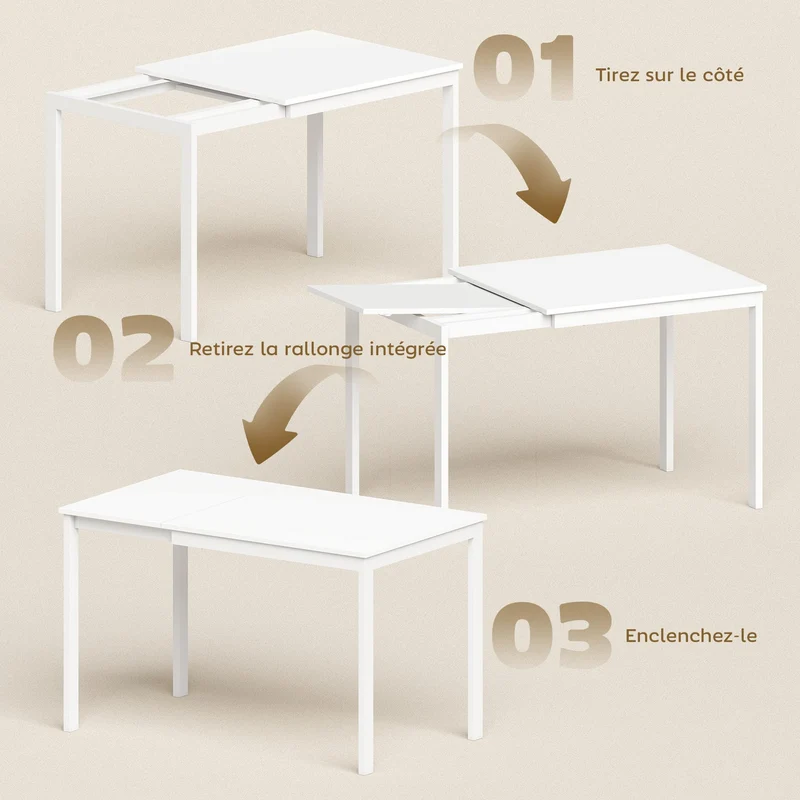 HOMCOM Table à Manger Extensible Rectangle pour 4 à 6 Personnes, Table de Cuisine 80-120 cm, Extension coulissante Facile, Pieds en Acier, pour Petits espaces, Salle à Manger, Salon, Blanc