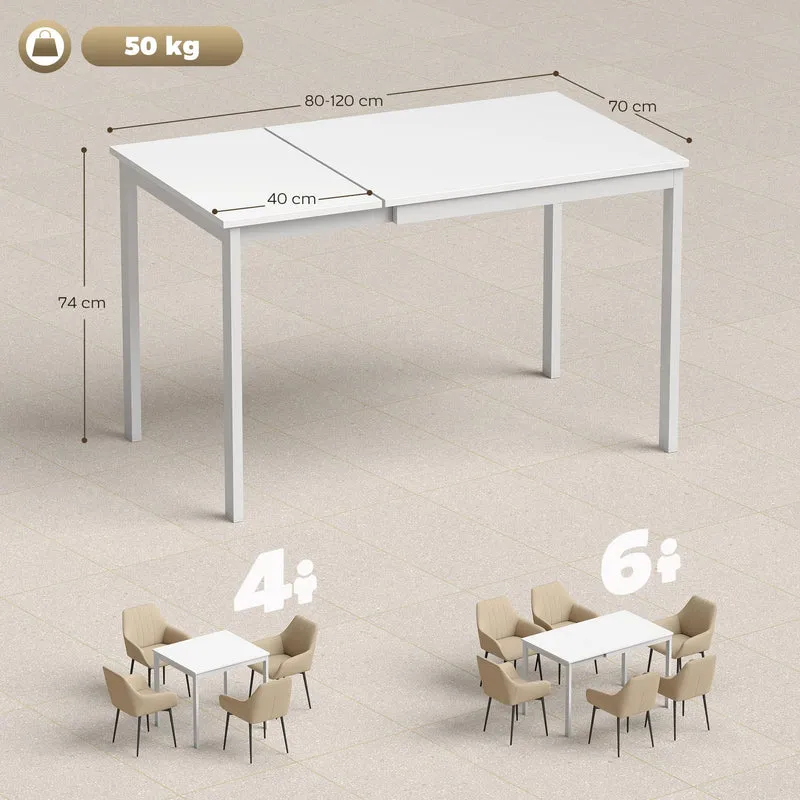 HOMCOM Table à Manger Extensible Rectangle pour 4 à 6 Personnes, Table de Cuisine 80-120 cm, Extension coulissante Facile, Pieds en Acier, pour Petits espaces, Salle à Manger, Salon, Blanc