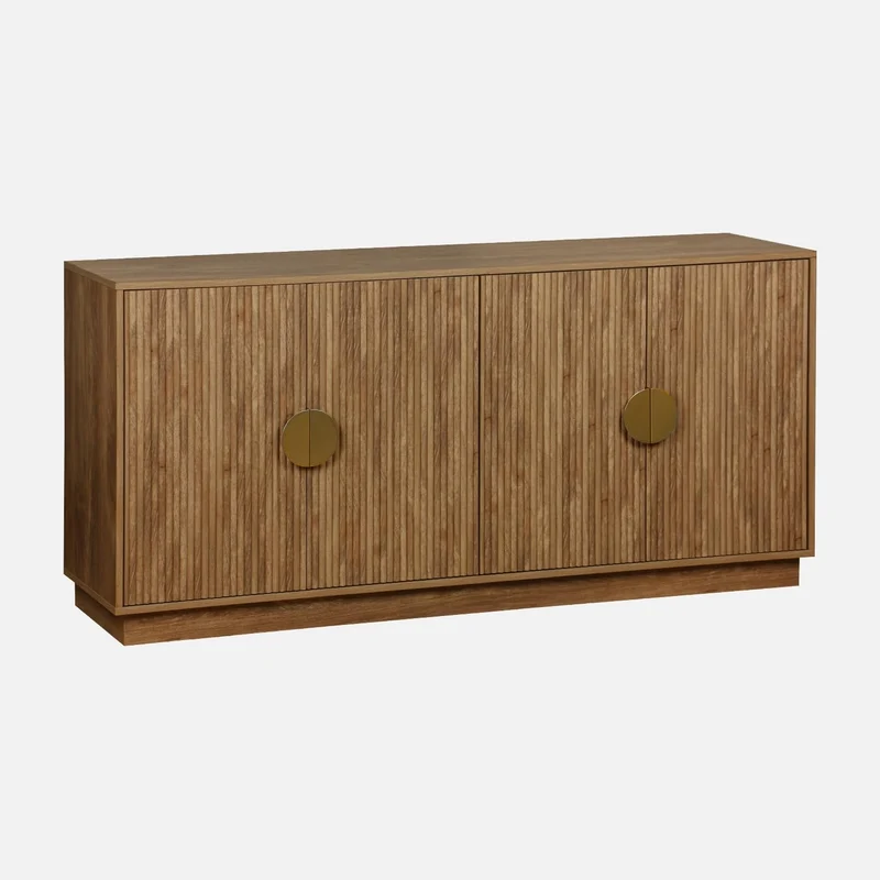 sweeek - Buffet Exotique 4 Portes. décor Bois de manguier rainuré. Buffet Bas. poignées en métal doré. L 160 x P 40 x H 75cm
