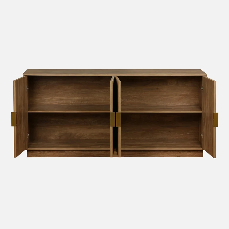 sweeek - Buffet Exotique 4 Portes. décor Bois de manguier rainuré. Buffet Bas. poignées en métal doré. L 160 x P 40 x H 75cm