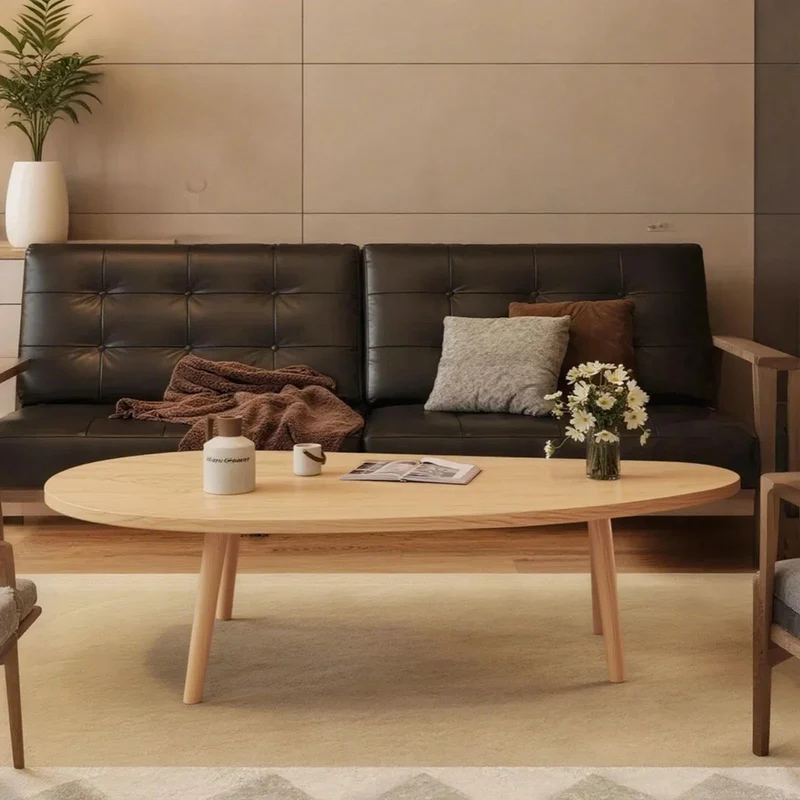 lcvtos Table Basse Moderne en Bois Massif, Petite Table à Thé Ovale avec Pieds Stables, Design Minimaliste, Plateau Épais en MDF avec Surface Résistante aux Rayures, pour Salon (Bois Naturel)