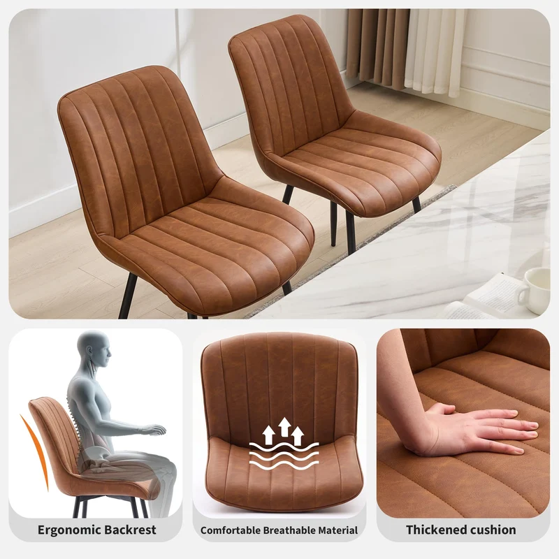 Lot de 2 Chaise Salle à Manger en vrai cuir,Chaise de cuisine Scandinave avec Siège rembourrée & Pieds en métal,Chaise à manger sans accoudoirs pour Salle à Manger,Cuisine,Salon(87X61X54CM,Brun)