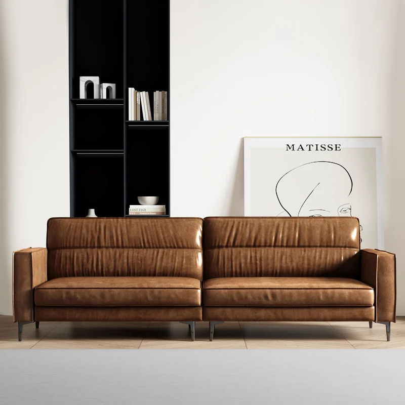 OLEYLUCKIDEA Canapé 3 Places Vintage en Cuir Marron Huilé – Canapé en Simili Cuir Style Rétro pour Salon, 220 cm, Canapé Droit Design Industriel, Confortable & Élégant