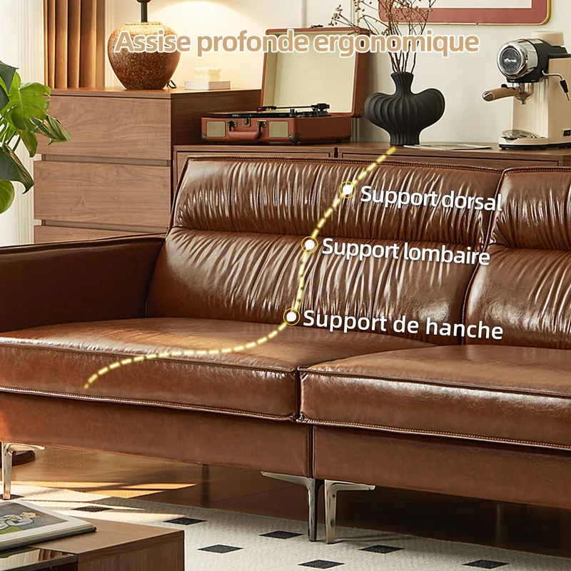 OLEYLUCKIDEA Canapé 3 Places Vintage en Cuir Marron Huilé – Canapé en Simili Cuir Style Rétro pour Salon, 220 cm, Canapé Droit Design Industriel, Confortable & Élégant