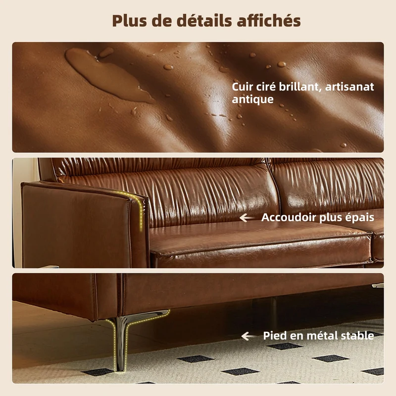 OLEYLUCKIDEA Canapé 3 Places Vintage en Cuir Marron Huilé – Canapé en Simili Cuir Style Rétro pour Salon, 220 cm, Canapé Droit Design Industriel, Confortable & Élégant